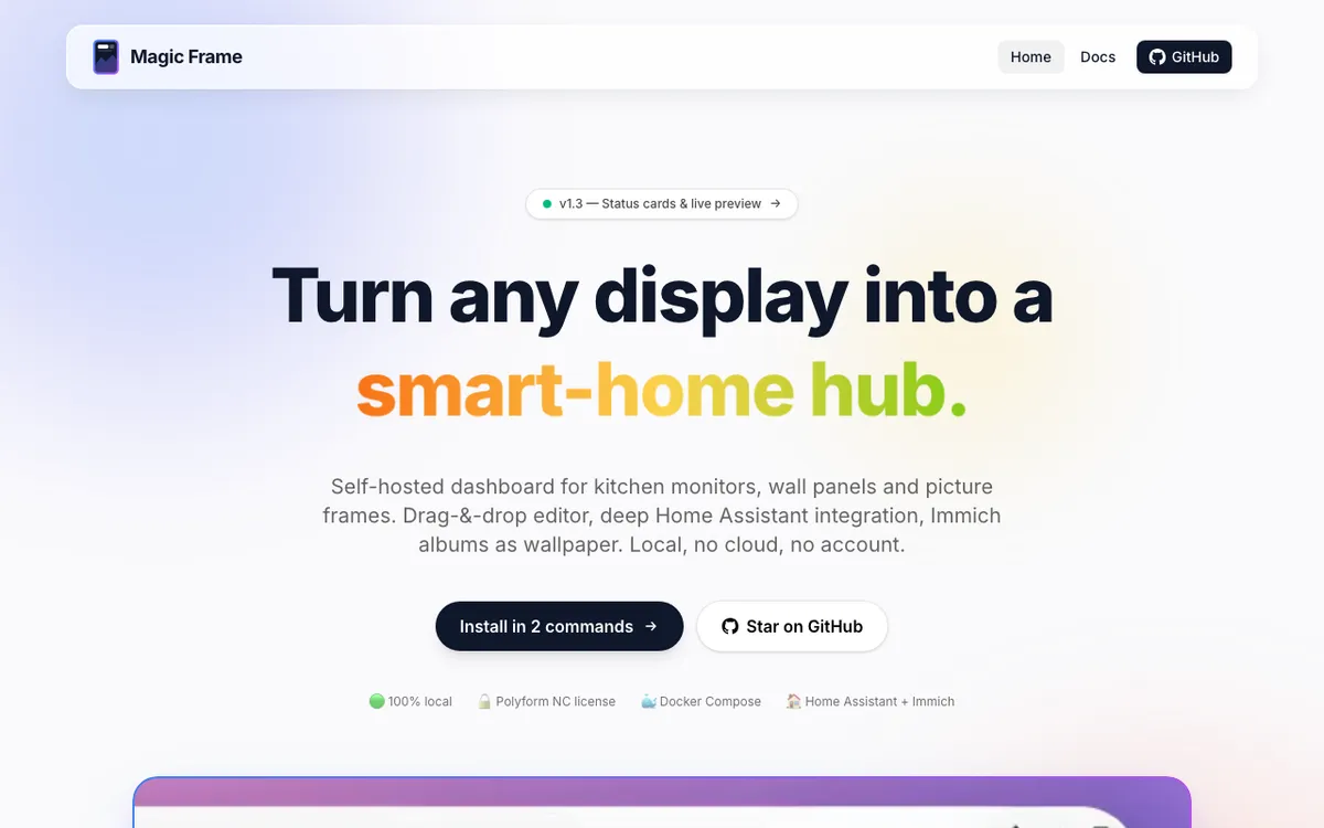 Startseite von magicframe.dev auf dem Desktop