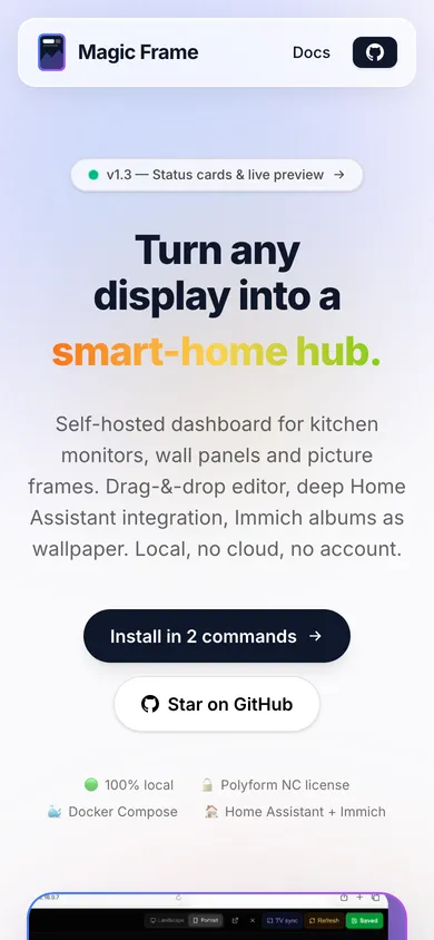 Startseite von magicframe.dev auf dem Smartphone